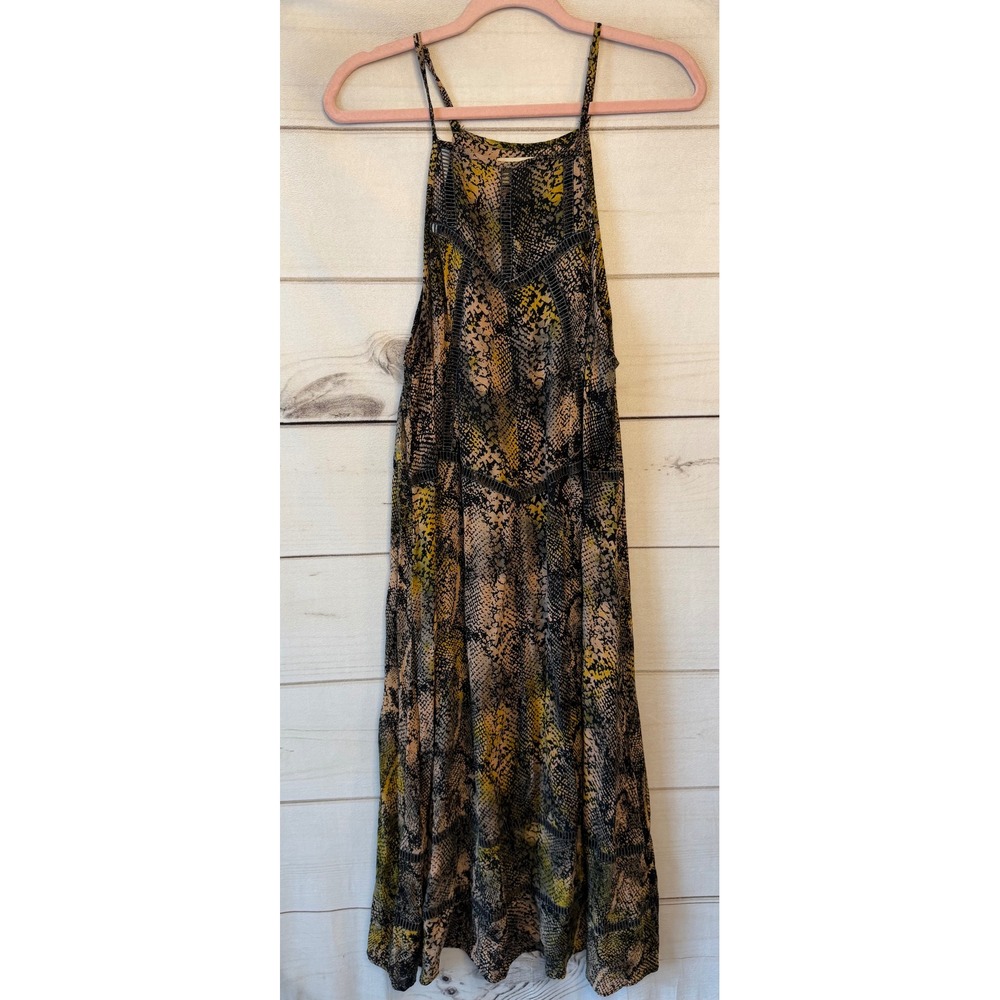 Cleobella Snakeskin Print Halter Midi Dress Yellow Black Ladder Lace Boho Mens M